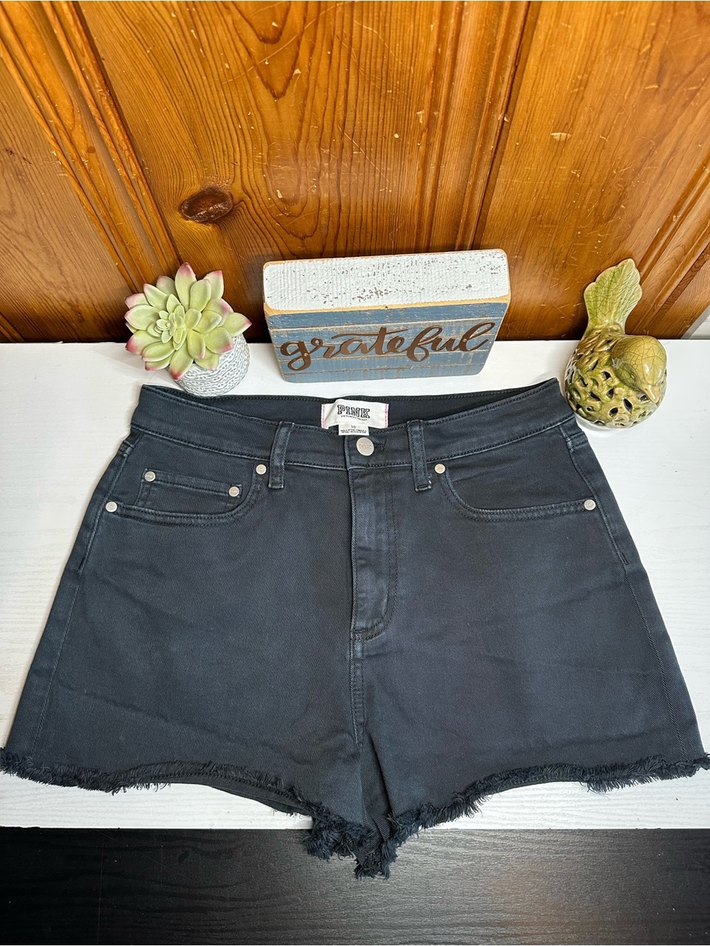 PINK Victoria's Secret Black Frayed High-Waist Denim Shorts